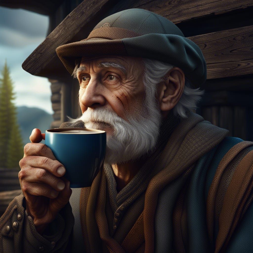Old Man Drinking Coffee: Detailed Matte Painting