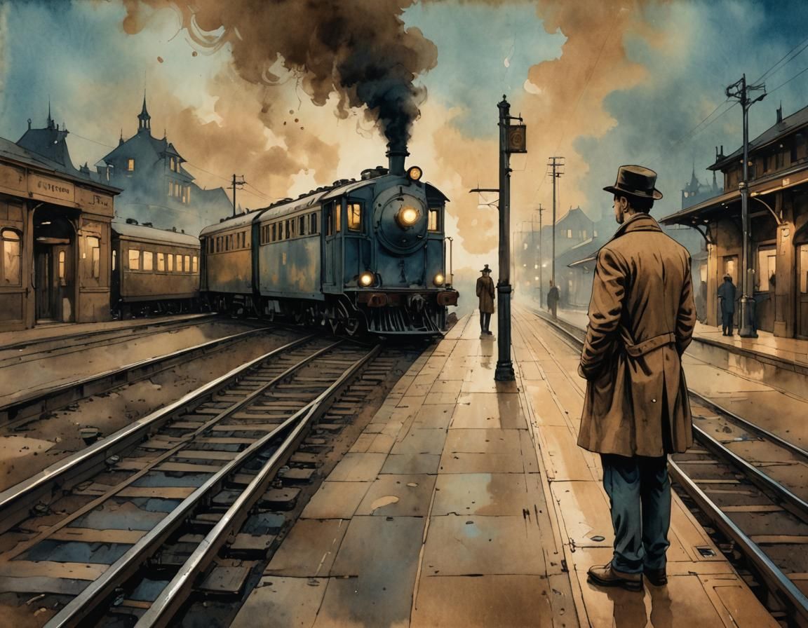Man Watches Last Train in Art Nouveau Style