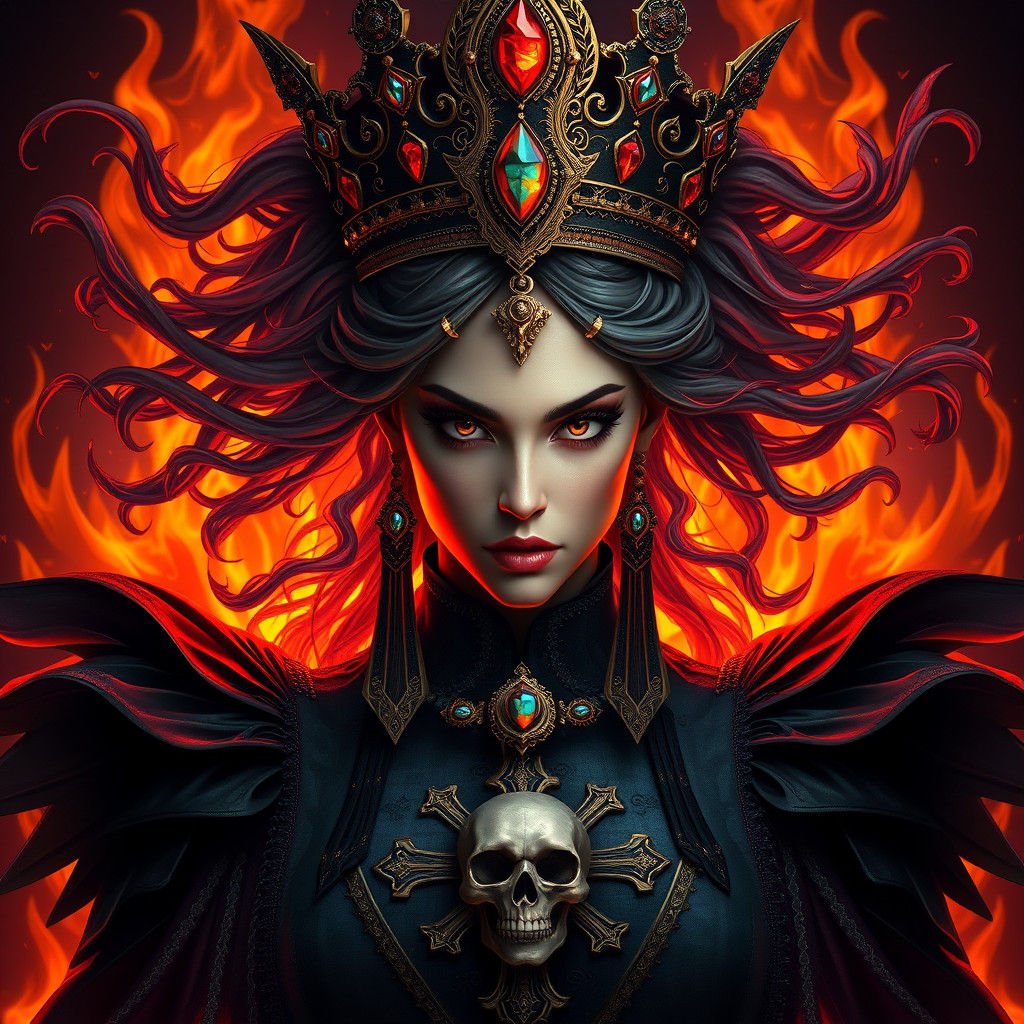Queen Savage Portrait with Skull Cross and Flames