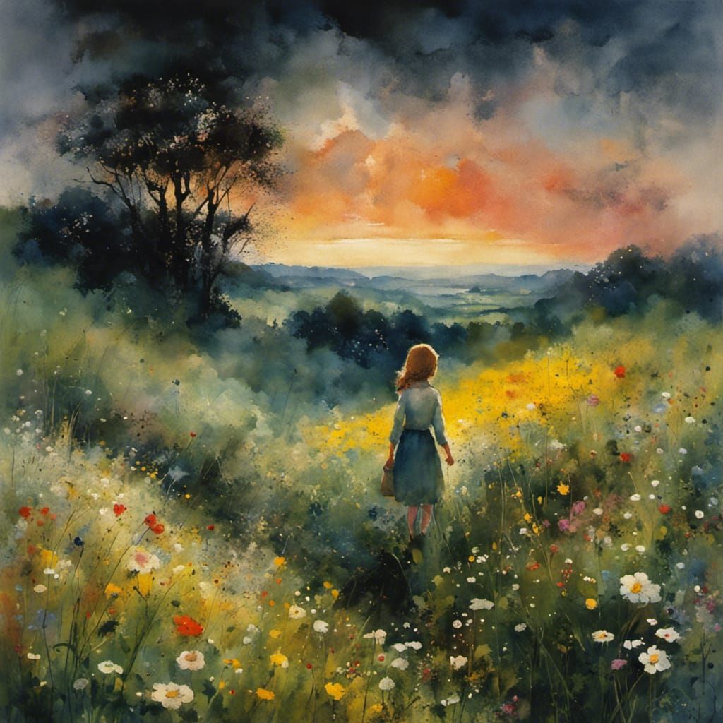 Girl in Blooming Flower Meadow, Watercolor Style