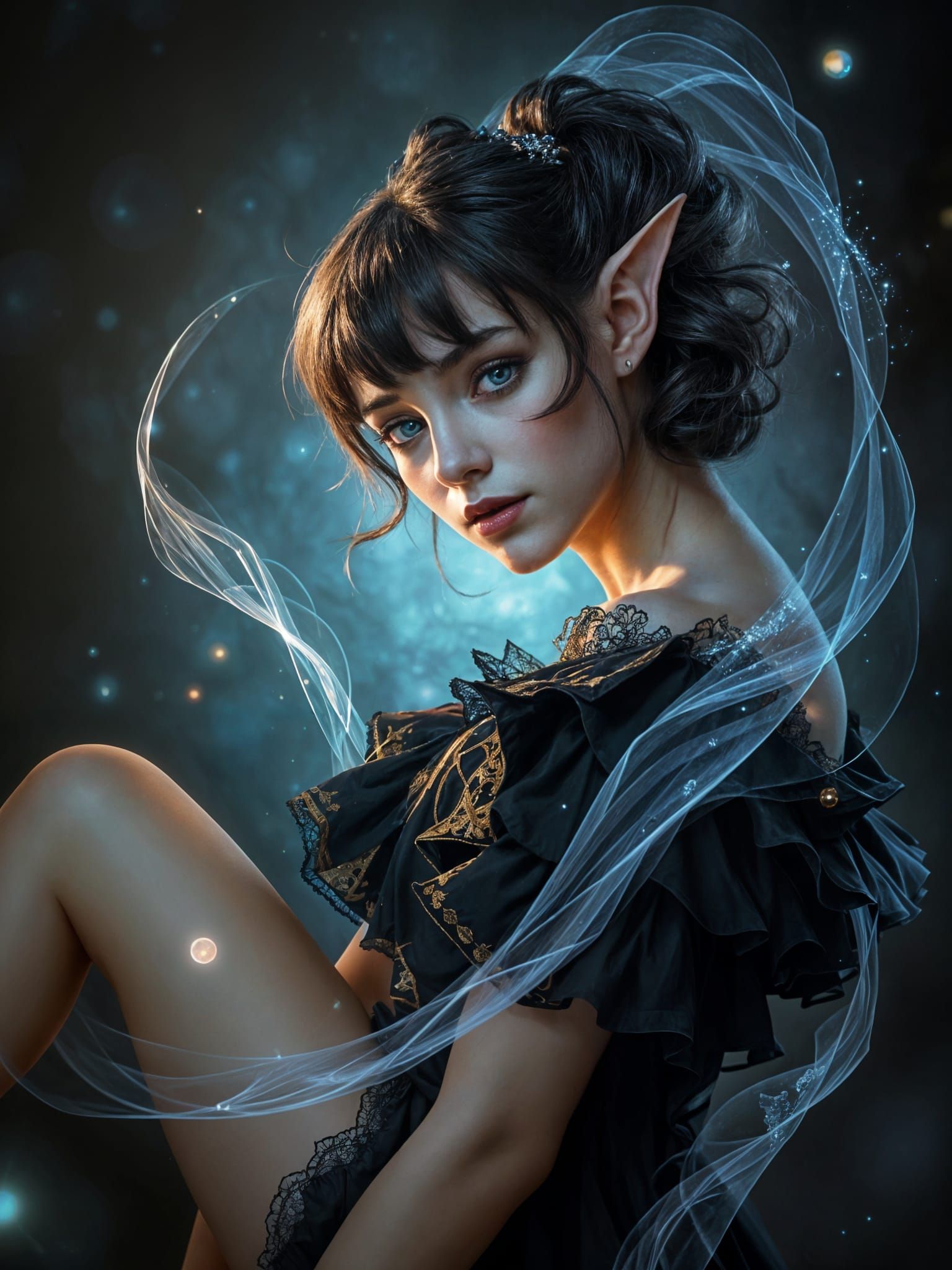 Gothic Elf Woman in Frilled Dress with Swirling Magic