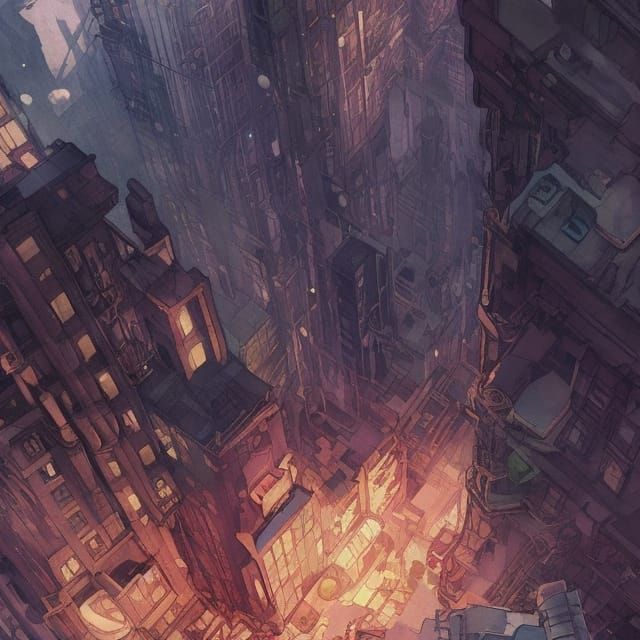 Victorian Megacity Comic Book Art in Watercolor