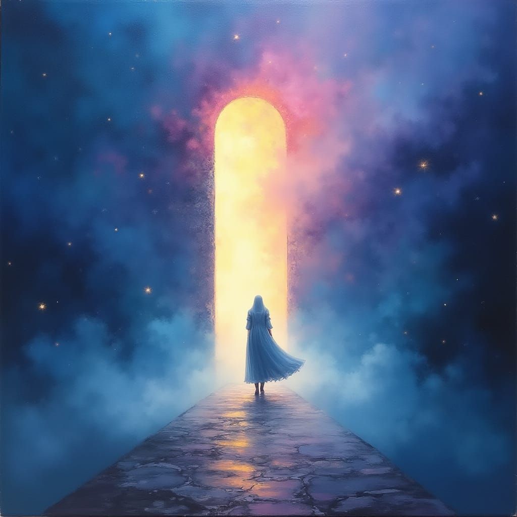 Mysterious Figure Enters Glowing Portal in Impressionistic O...