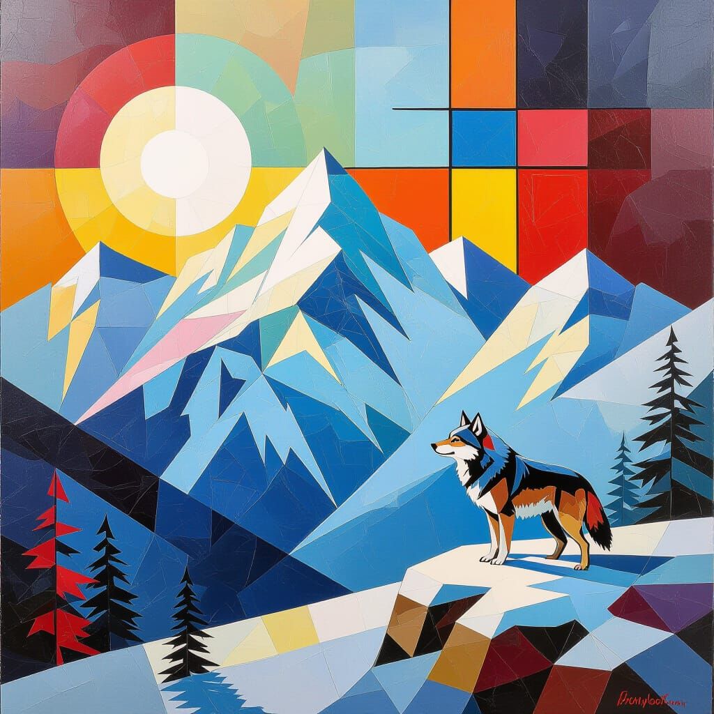 Mellow Wolf on Snow Covered Mountain in Afremov Style