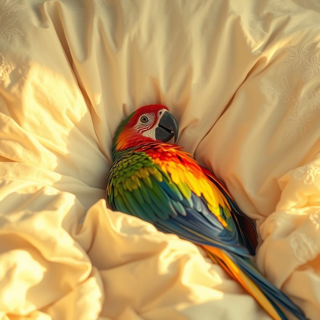 Parrot in Bed Whispers Sweet Dreams: Hyperrealistic Image