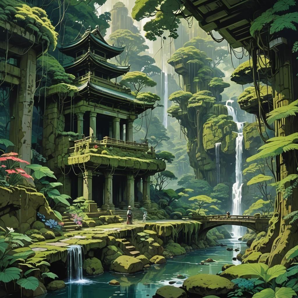 Rainforest River Scene with Japanese Temple