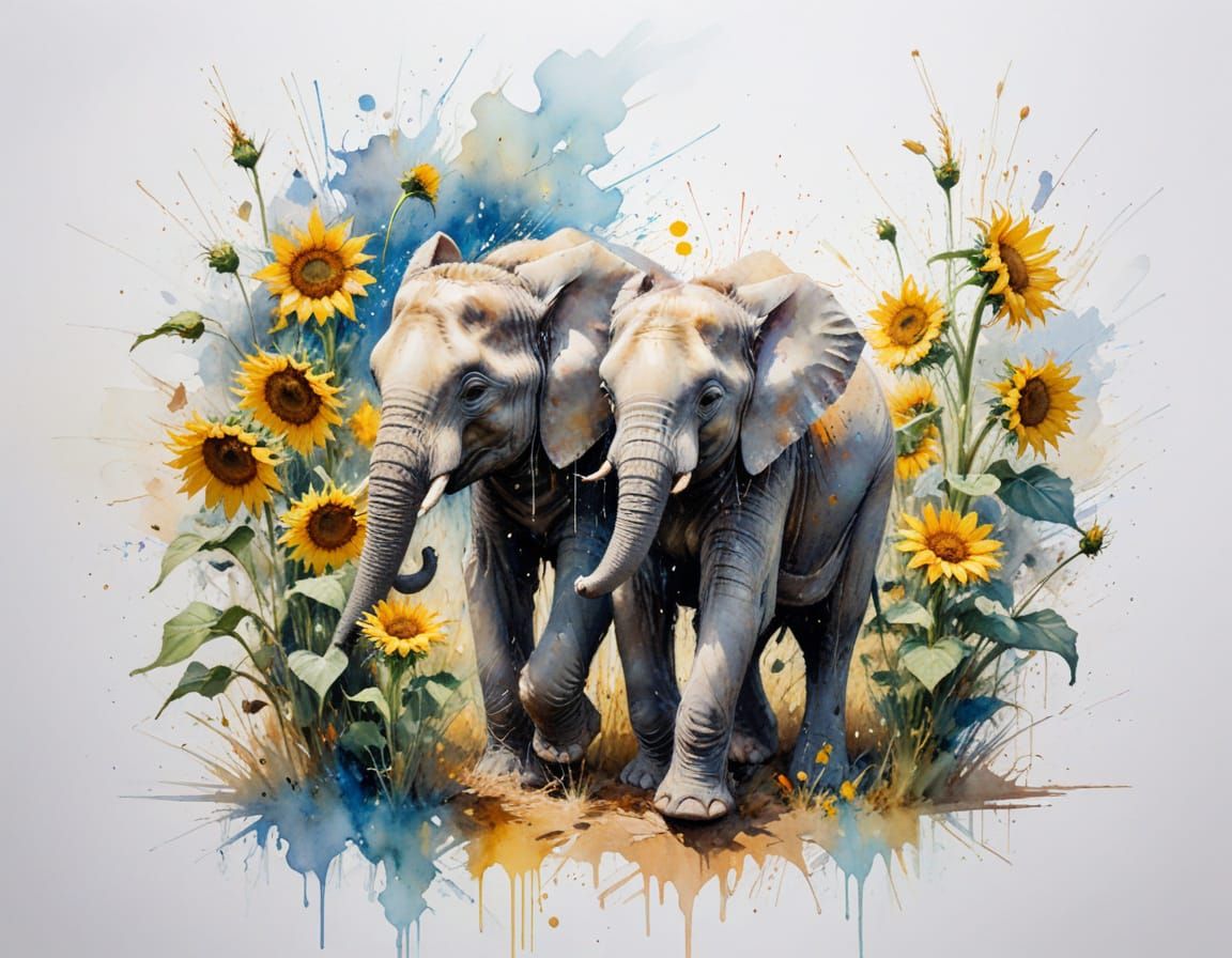 Joyful Elephant Calf Splashing in Sunflower Field