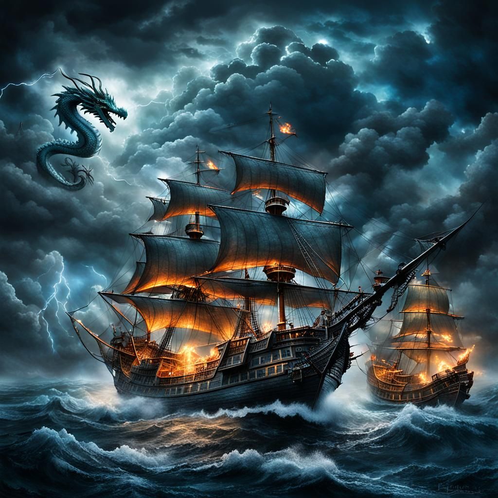 Dragon Cloud Attacks Pirate Fleet in Dreamy Art Style