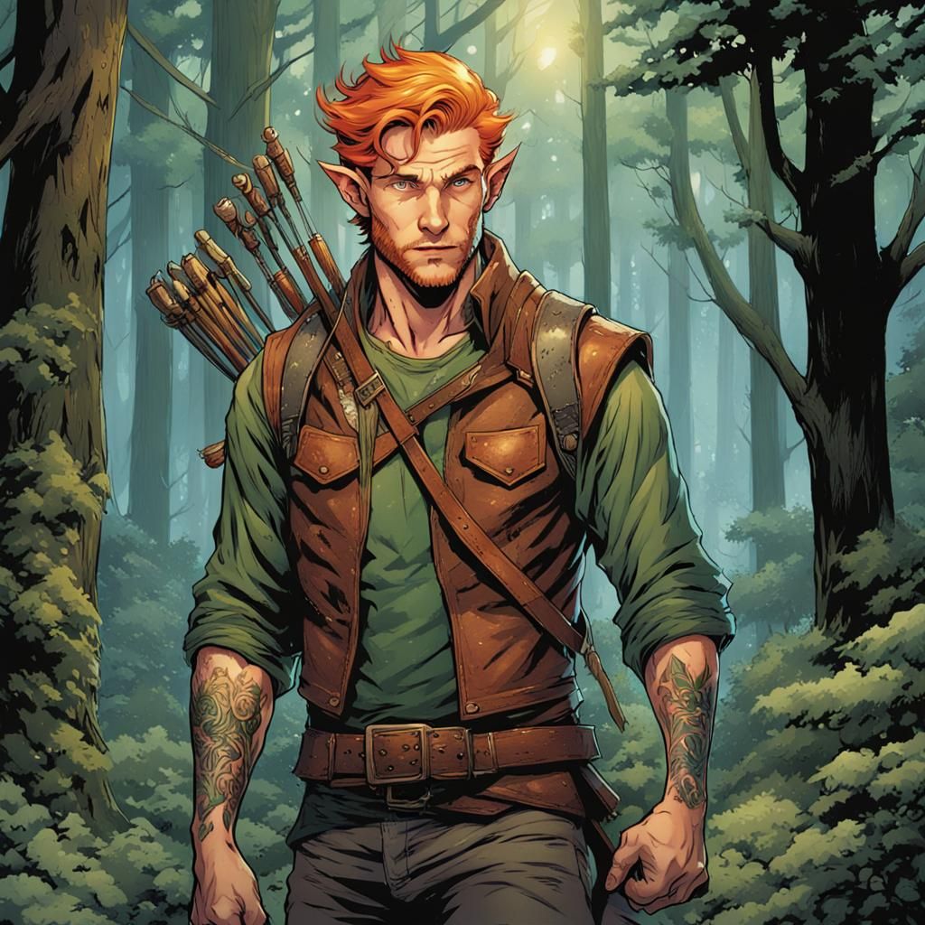 Ginger Elf Ranger in Forest, Comic Book Art