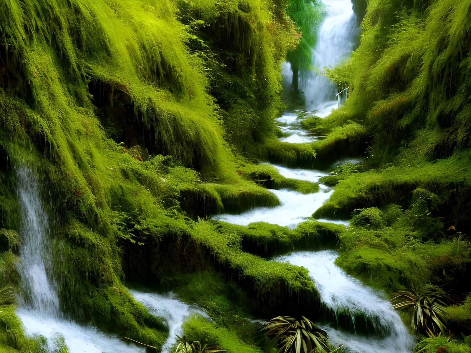 Lush Cliffside Waterfall in Biopunk Style