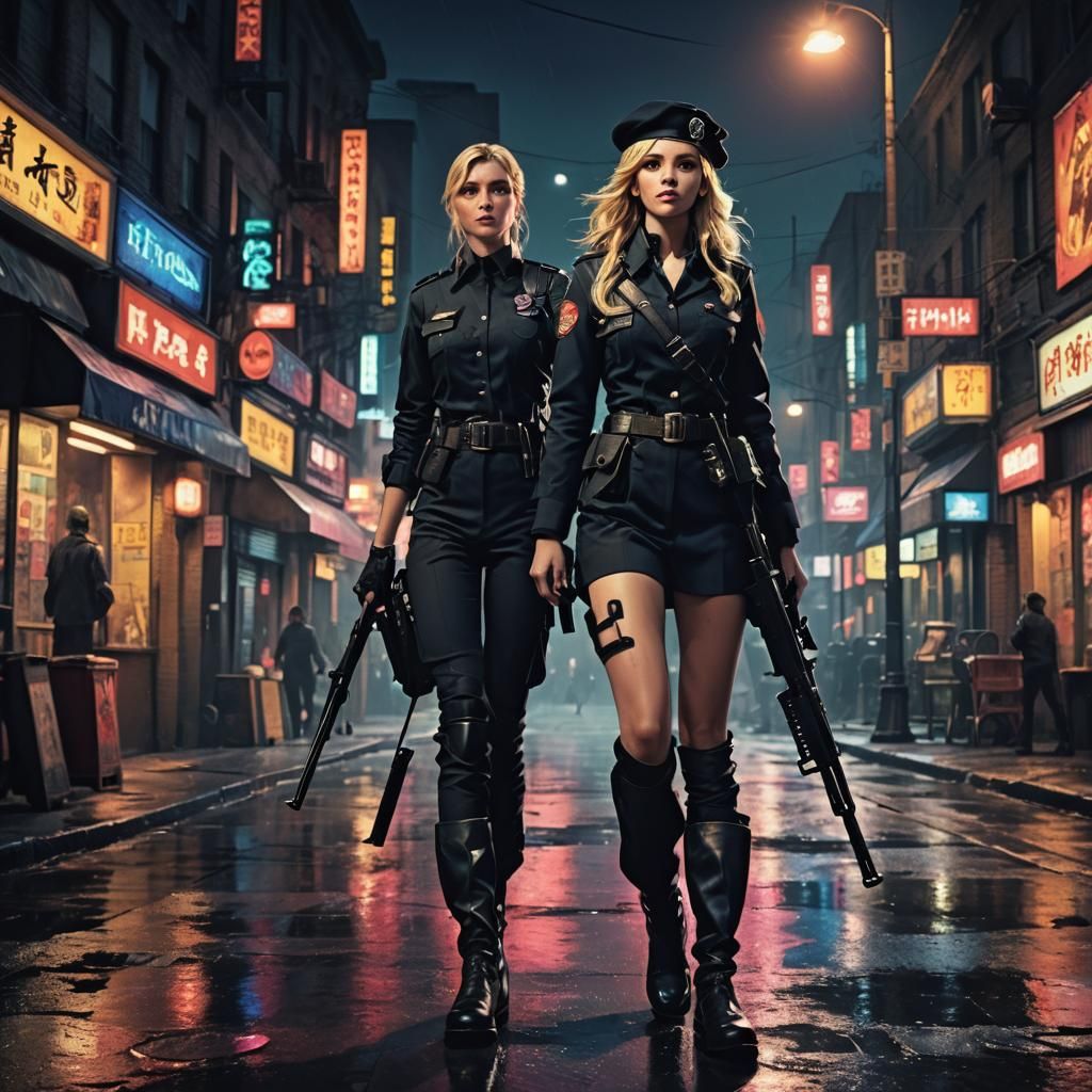 Dark Fantasy Woman with Rifle in Dimly Lit Street