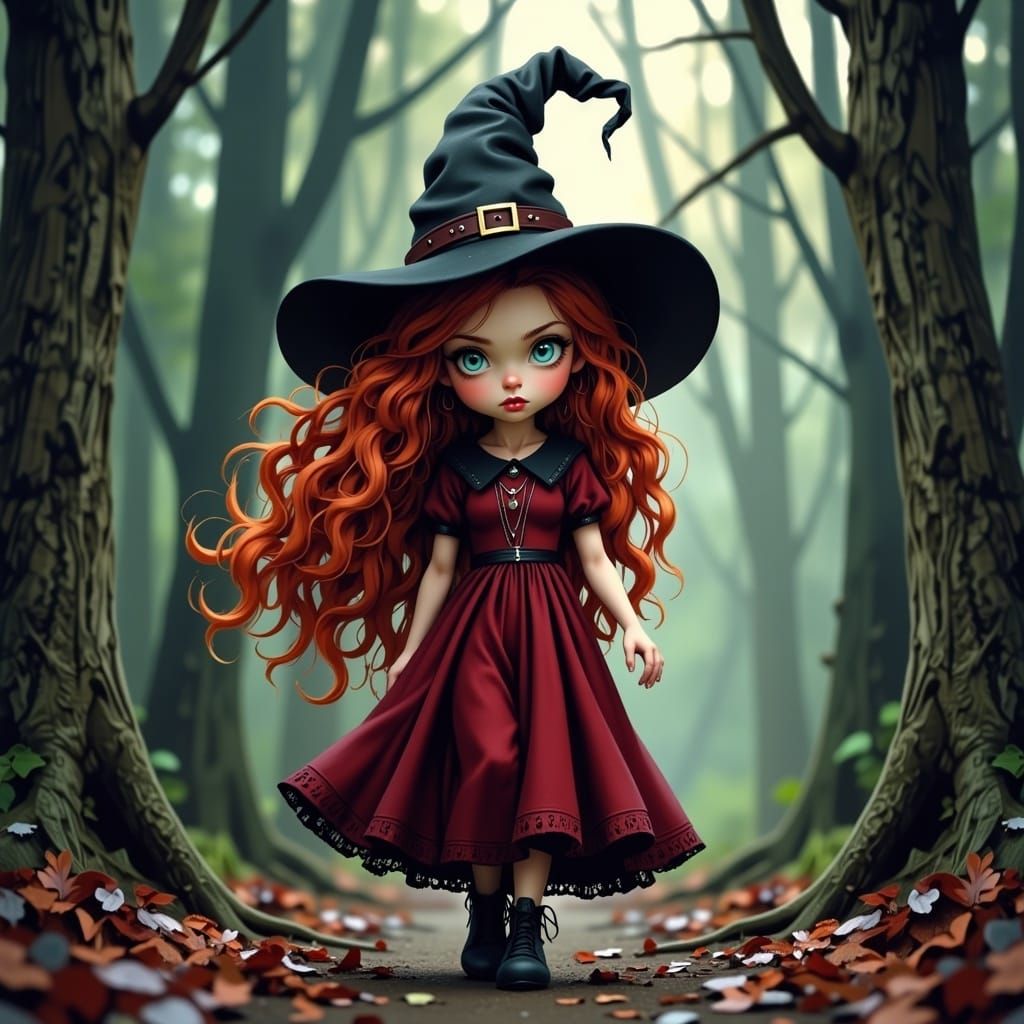 Cute Witch in Haunted Forest, Digital Art