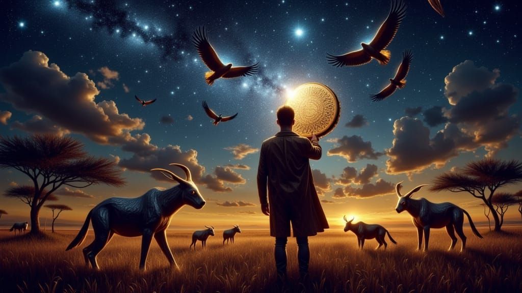 Surreal Savanna Twilight with Hyenas and Vultures