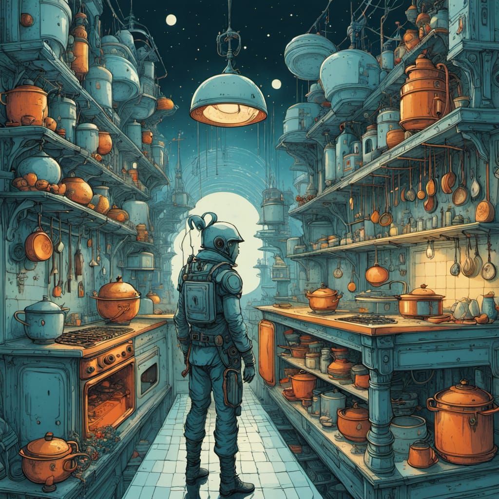 Cyborg Chef Cooking in Futuristic Kitchen