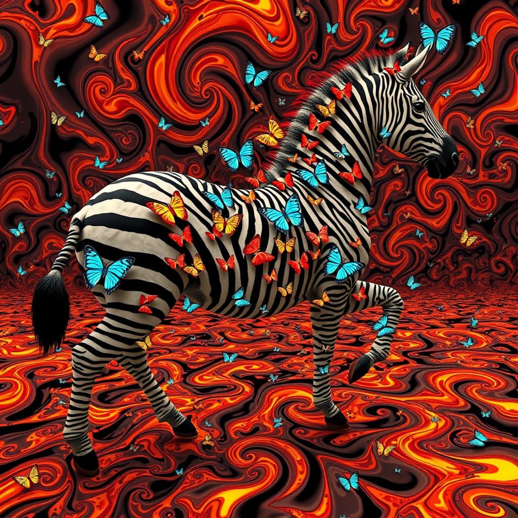 Lava Zebra Optical Illusion with Fractal Butterflies