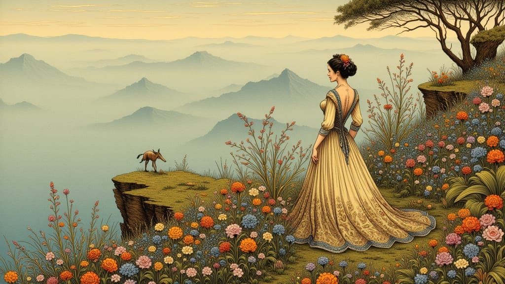 Woman on Misty Cliff in Art Nouveau Style