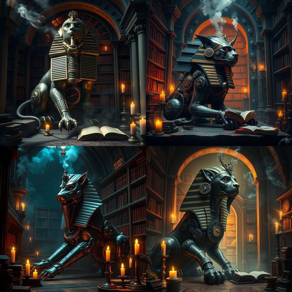 Clockwork Sphinx Guarding a Hidden Library