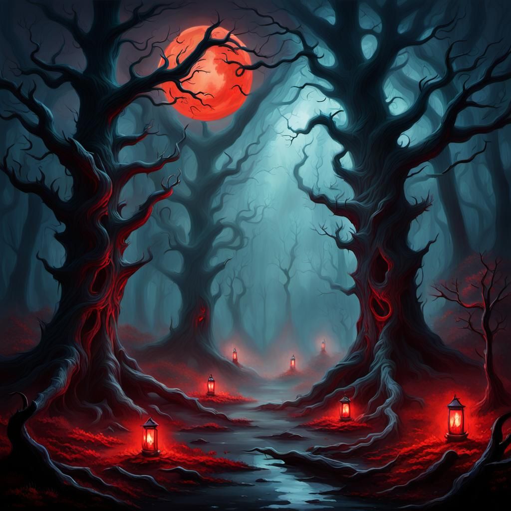 Eerie Bioluminescent Forest Under Blood-Red Moon