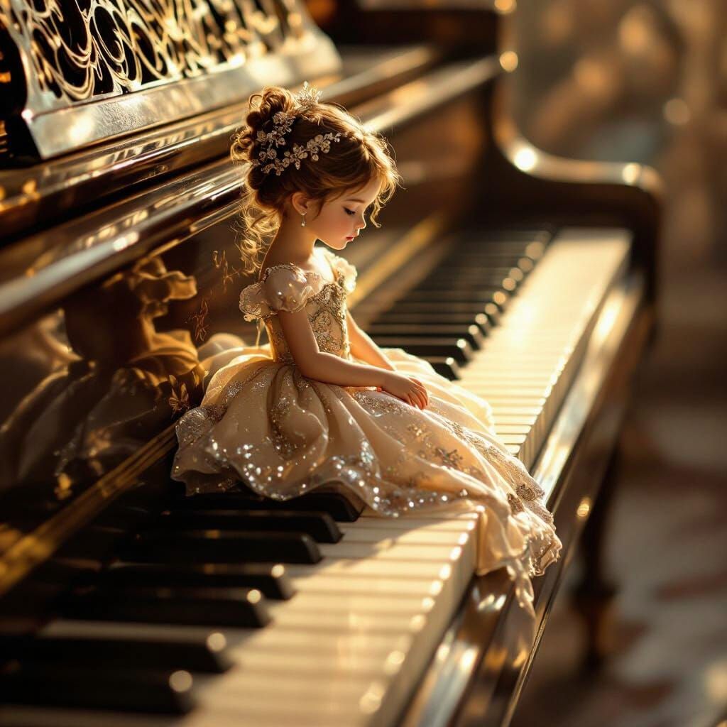 Miniature Girl on Piano Keys in Golden Hour Light