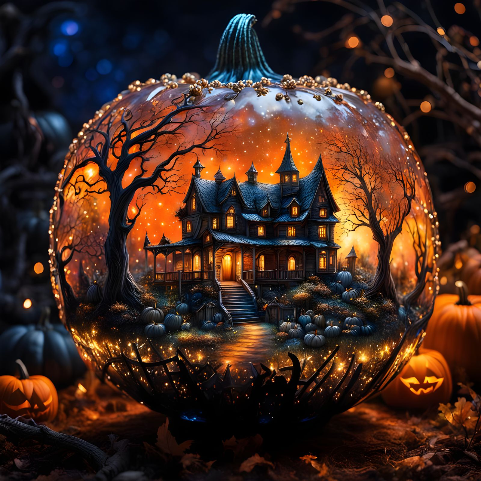 Starlit Halloween Landscape in Crystal Pumpkin
