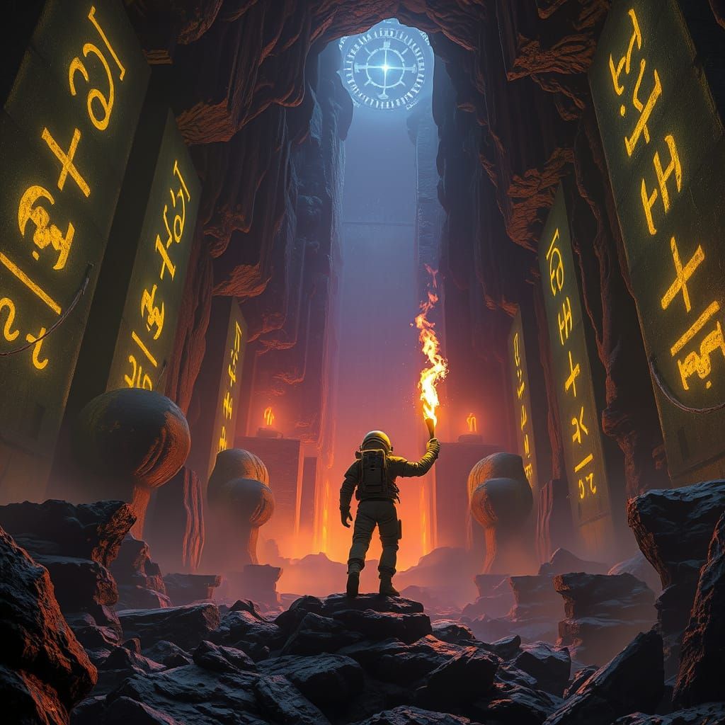 Epic Ancient Alien Cavern Exploration in Dark Fantasy Style