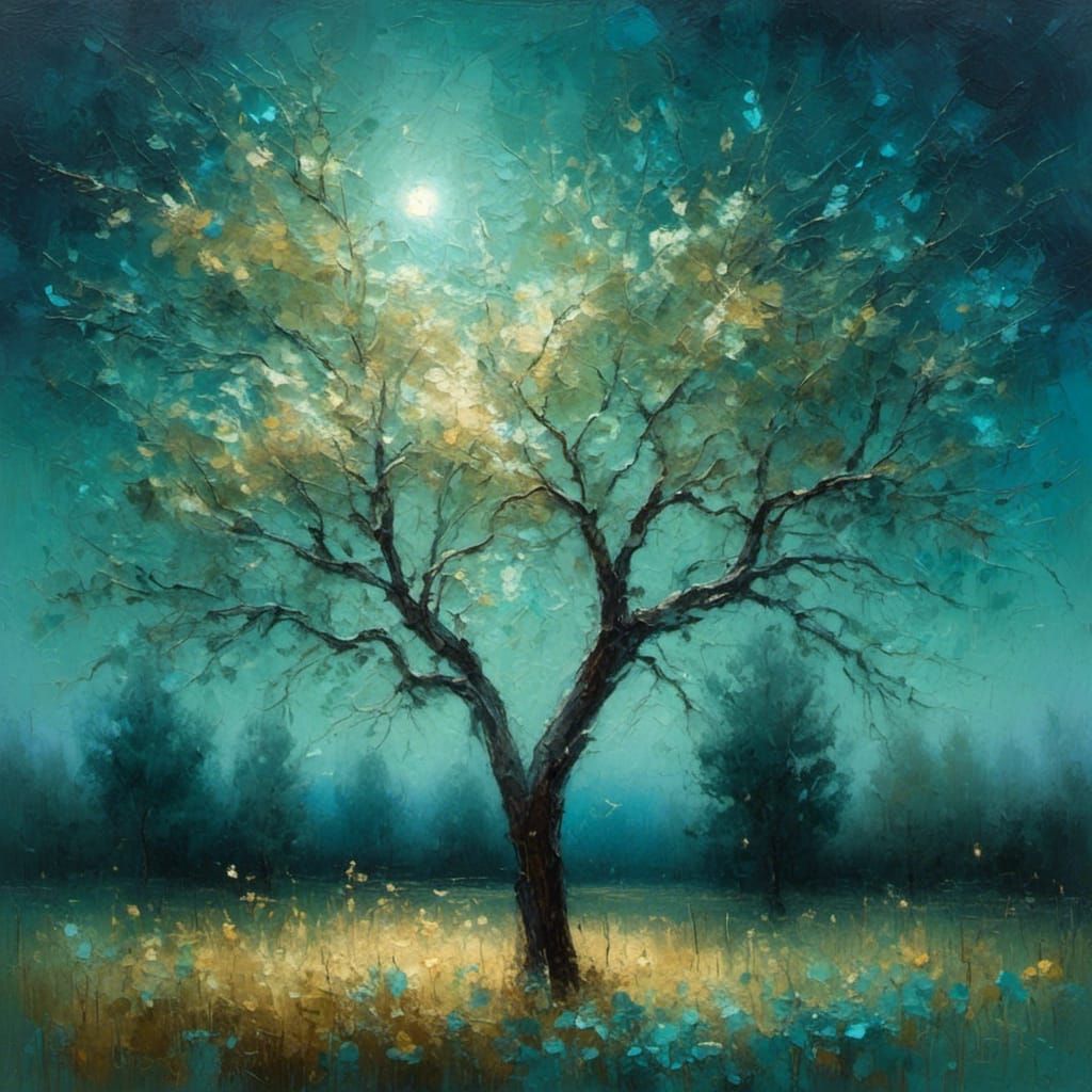 Impressionist Tree Under Starry Sky Oil Painting