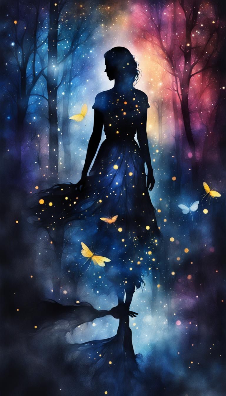 Mystical Silhouette in Smoky Watercolor Nightscape