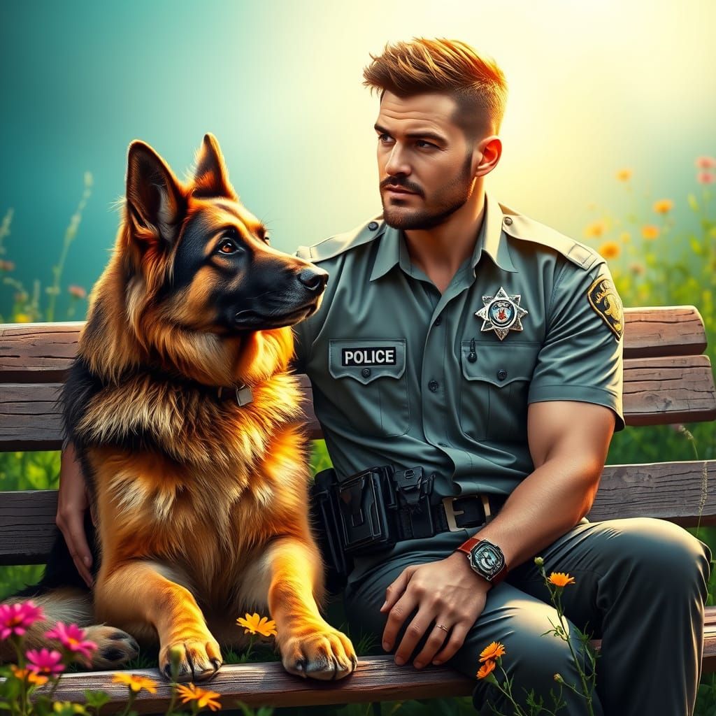 Handsome Policeman Surrounded by Vibrant Wildflowers in Hype...