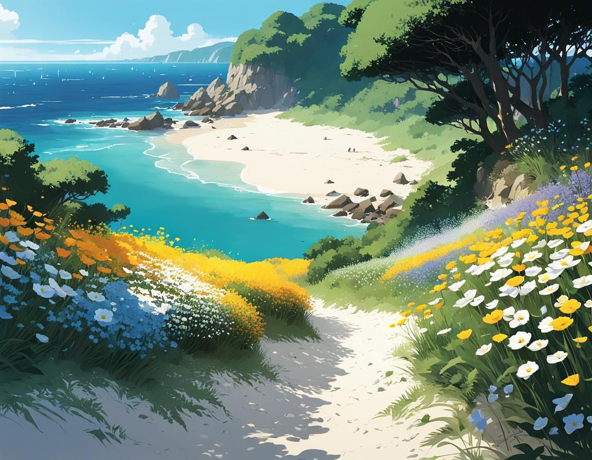 Enchanted Beach Trail with Blooming Flowers: Anime Style