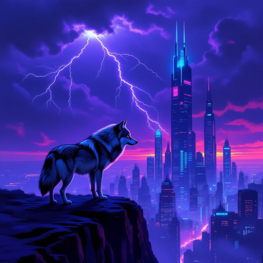Lone Wolf Overlooking Neon Cityscape in Stormy Sky
