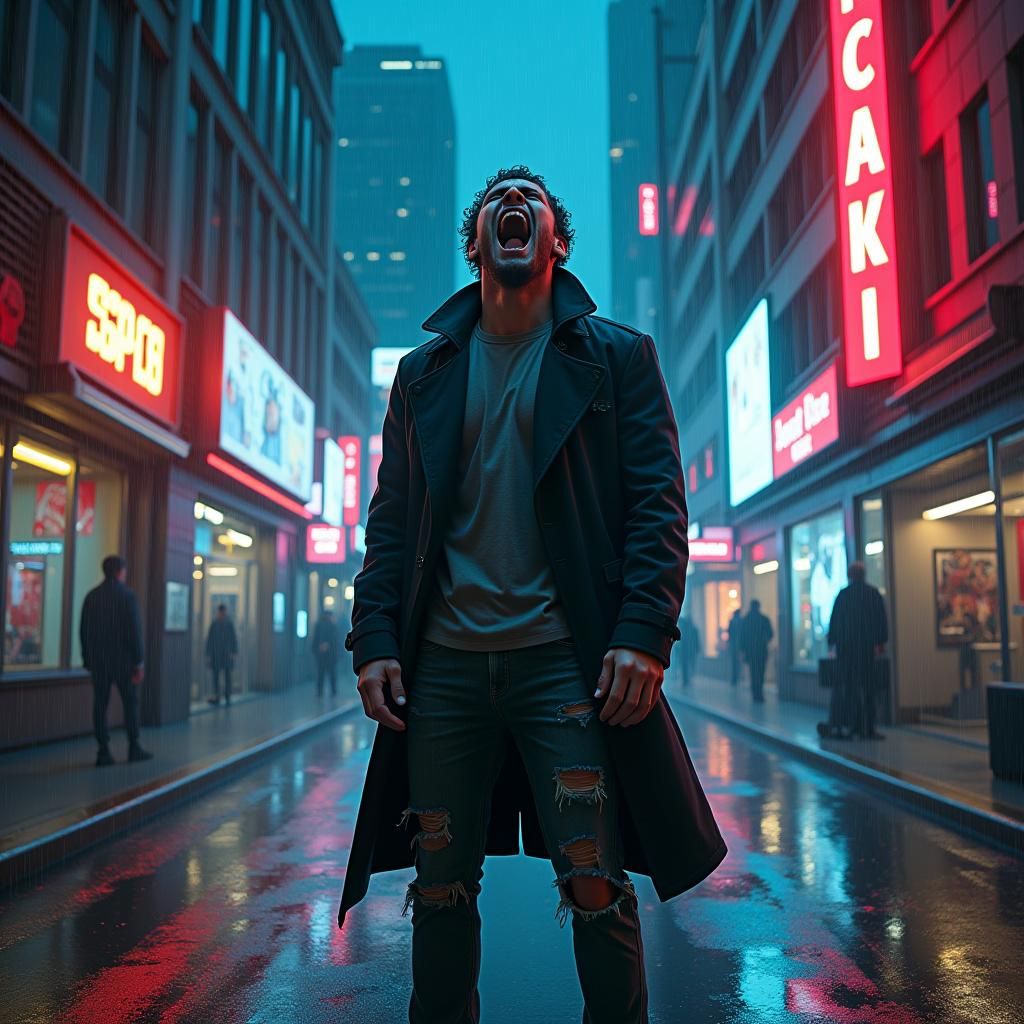 Cyberpunk Man Screaming in Dystopian Cityscape