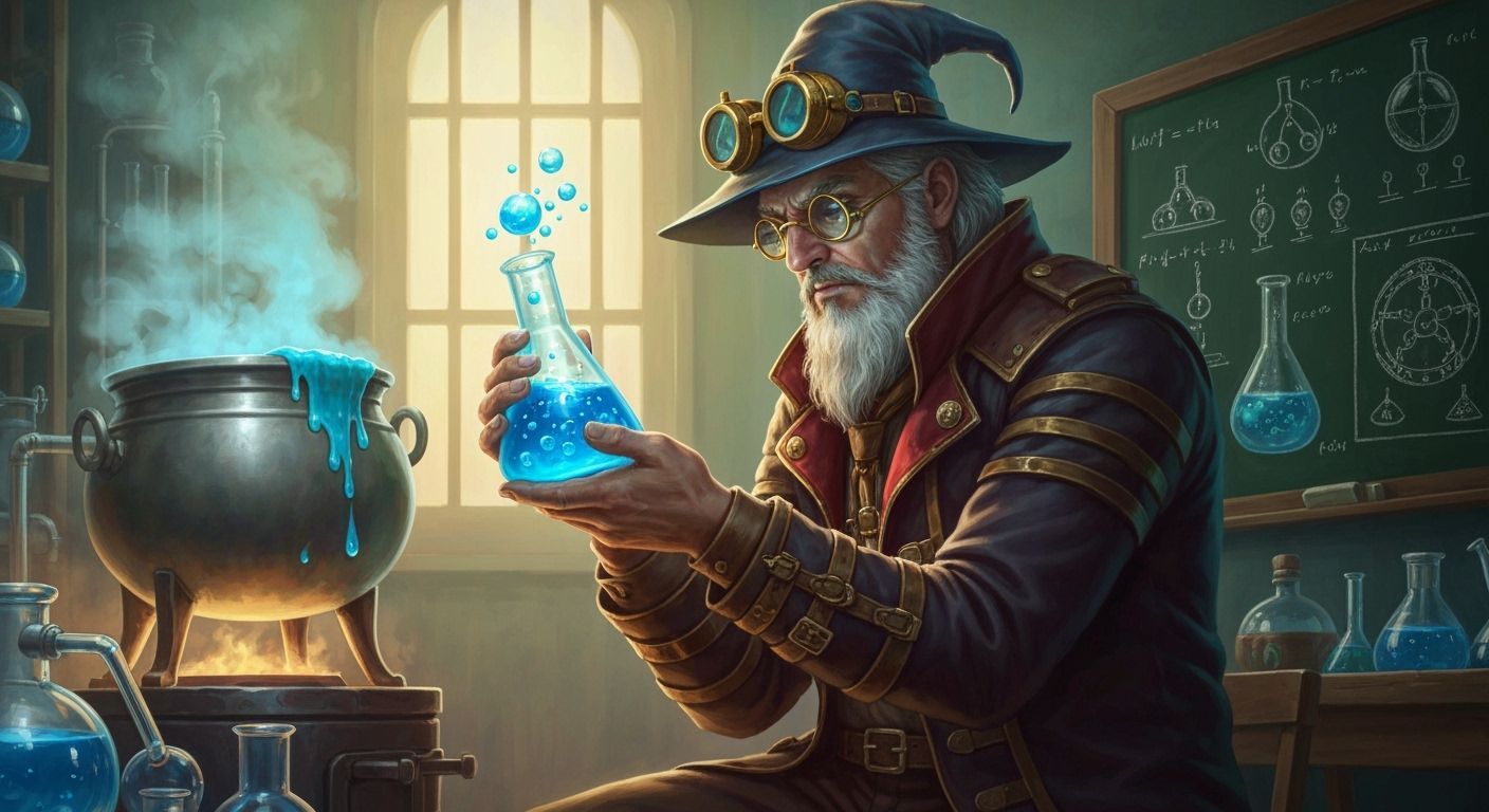 Steampunk Wizard Inspects Glowing Beaker in Alchemy Lab