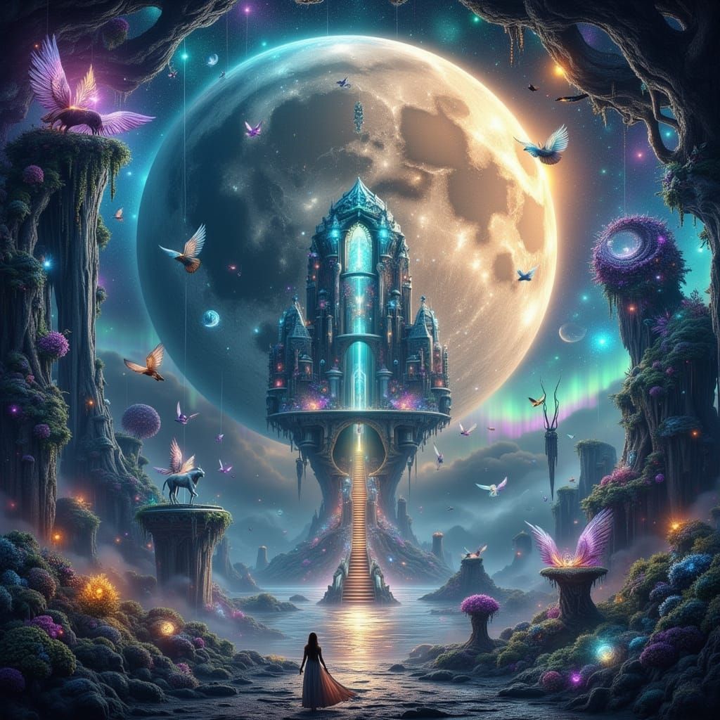 Ethereal Moon Over Obsidian Ocean in Painterly Style