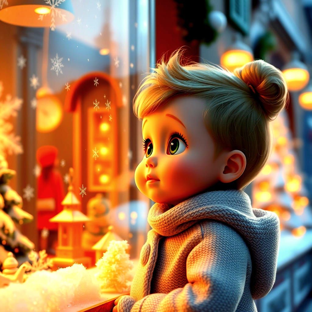 Pixar-Style Baby Girl Gazing at Christmas Shop