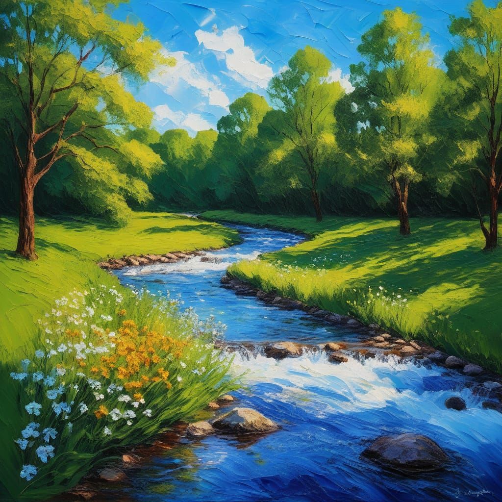 Vibrant Impasto Landscape with Stream, Trees, and Blooming F...