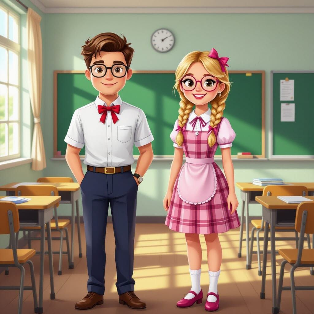 Models Ethan and Lena in Anime-Style Classroom