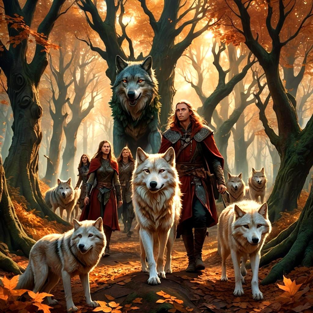 Enchanted Autumn Forest with Elven Travelers