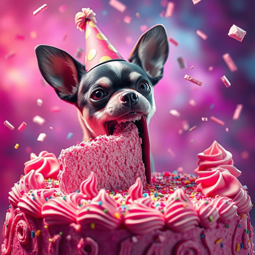 Whimsical Chihuahua Devours Birthday Cake in Vibrant Party A...