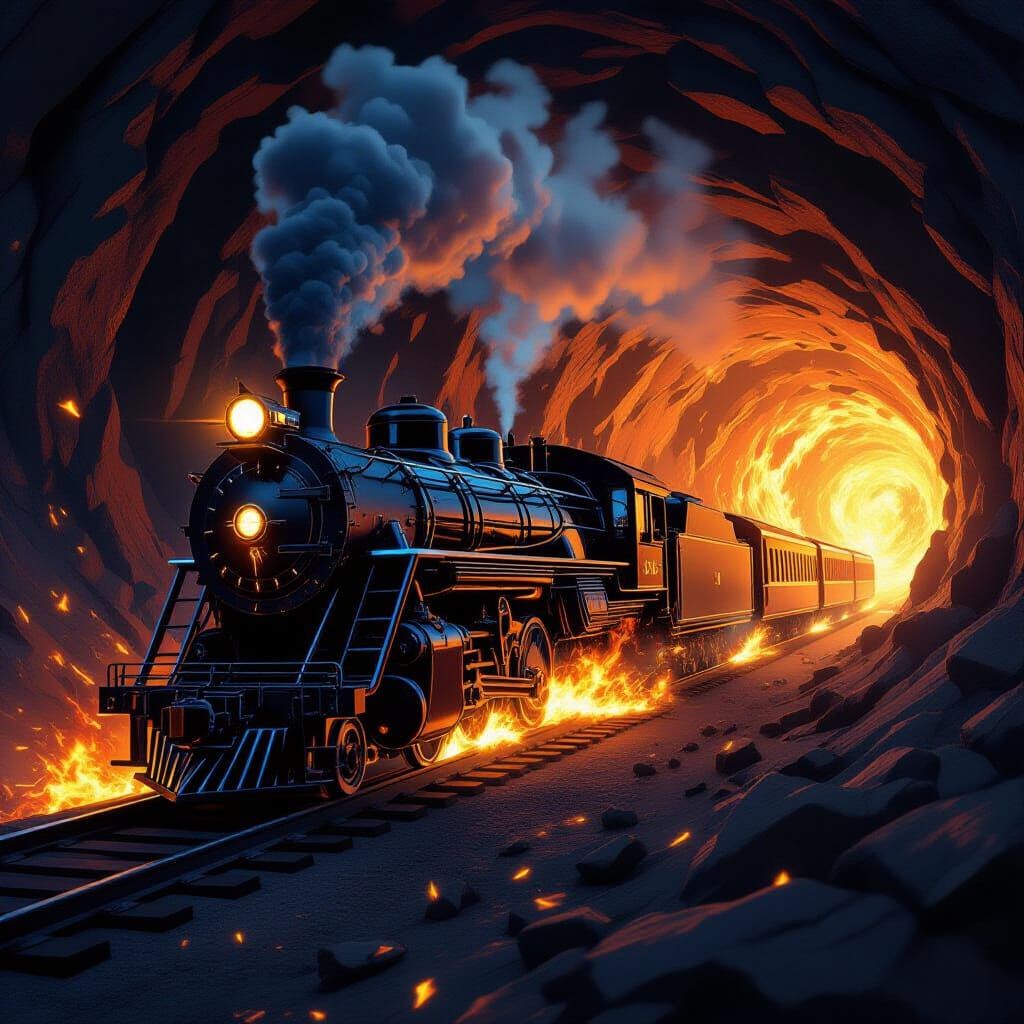 Obsidian Train Entering Fiery Abyss in Sci-Fi Style