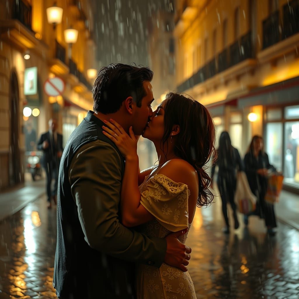 Romantic Kiss in Torrential Rain, Cinematic Lighting