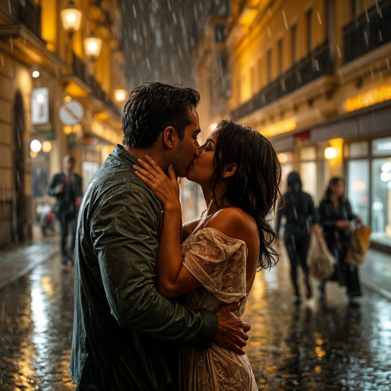 Romantic Kiss in Torrential Rain, Cinematic Lighting