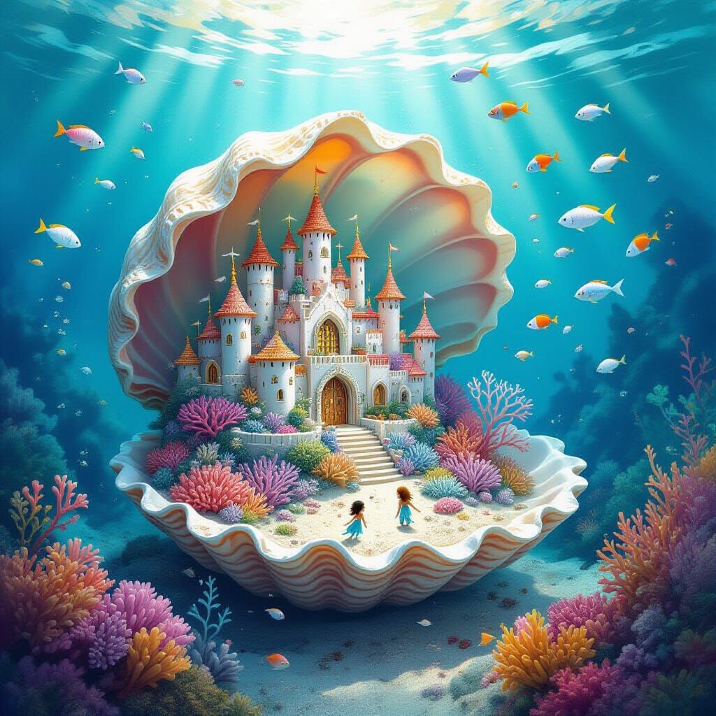 Miniature Underwater Kingdom in Seashell: Fantasy Art