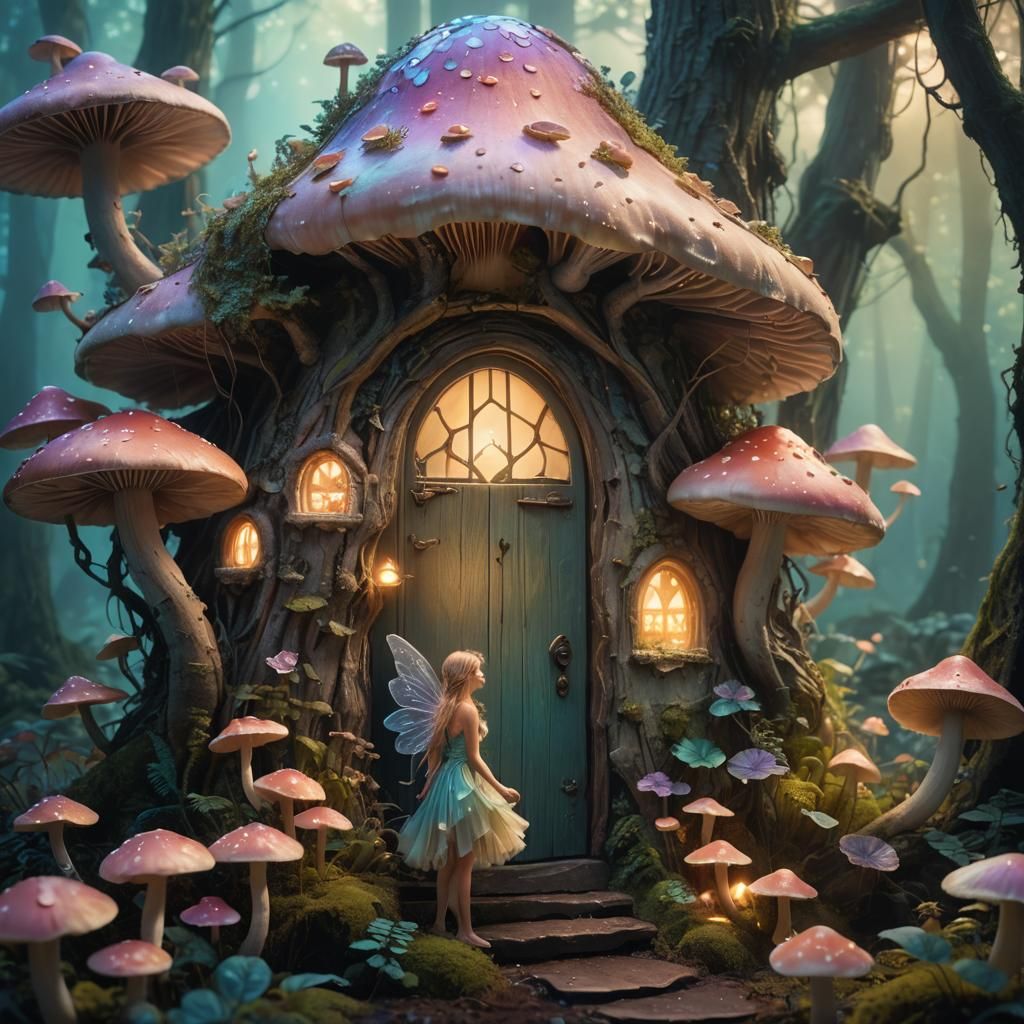 A fairy mushroom house in an enchanted bioluminescent forest...