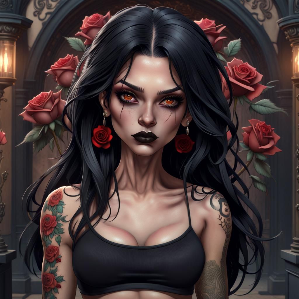 Fantasy Cartoon Woman with Rose Tattoos, Hyperdetailed Art
