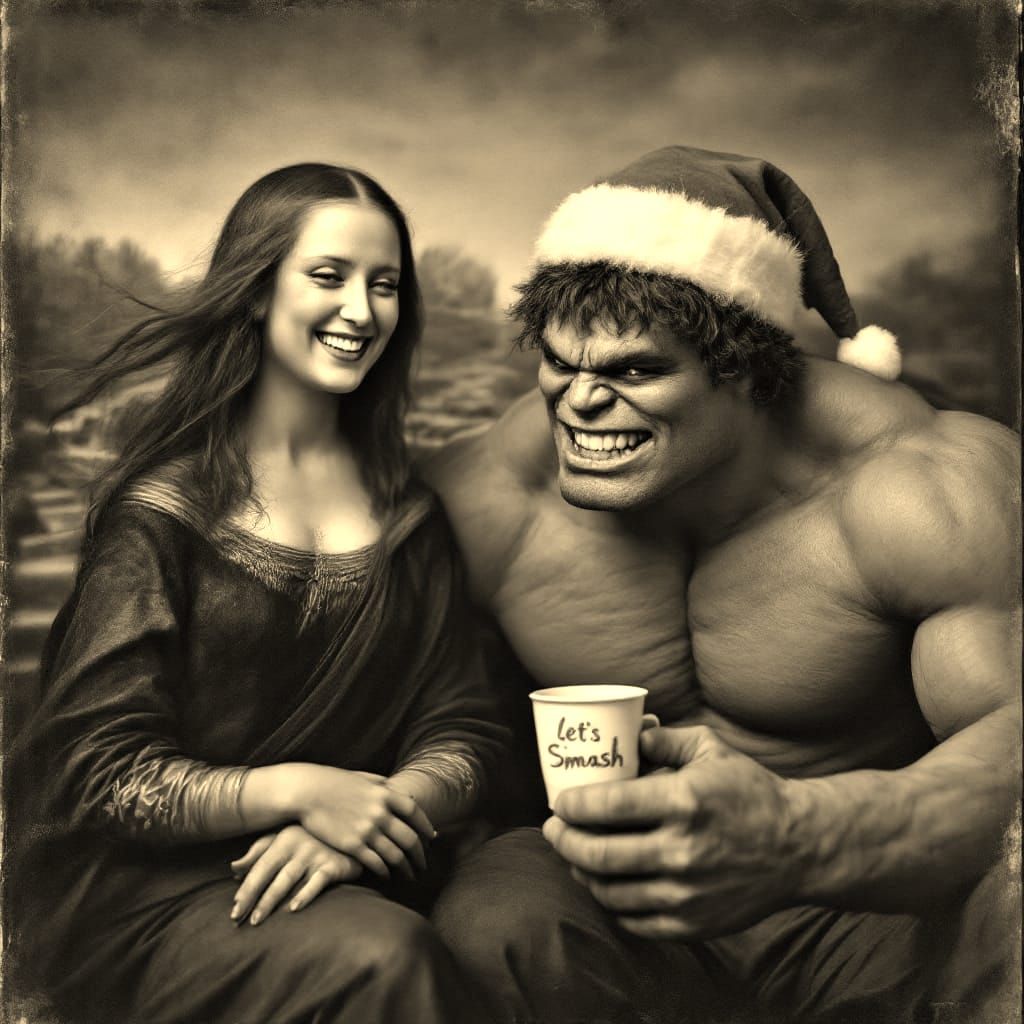 Vintage-Style Christmas Portraits of Mona Lisa and the Hulk