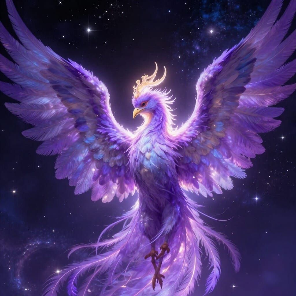 Angel and Phoenix Embrace Under Midnight Sky