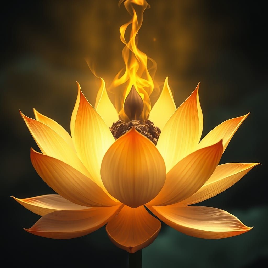 Golden Lotus with Black Flame in Digital Painting Style