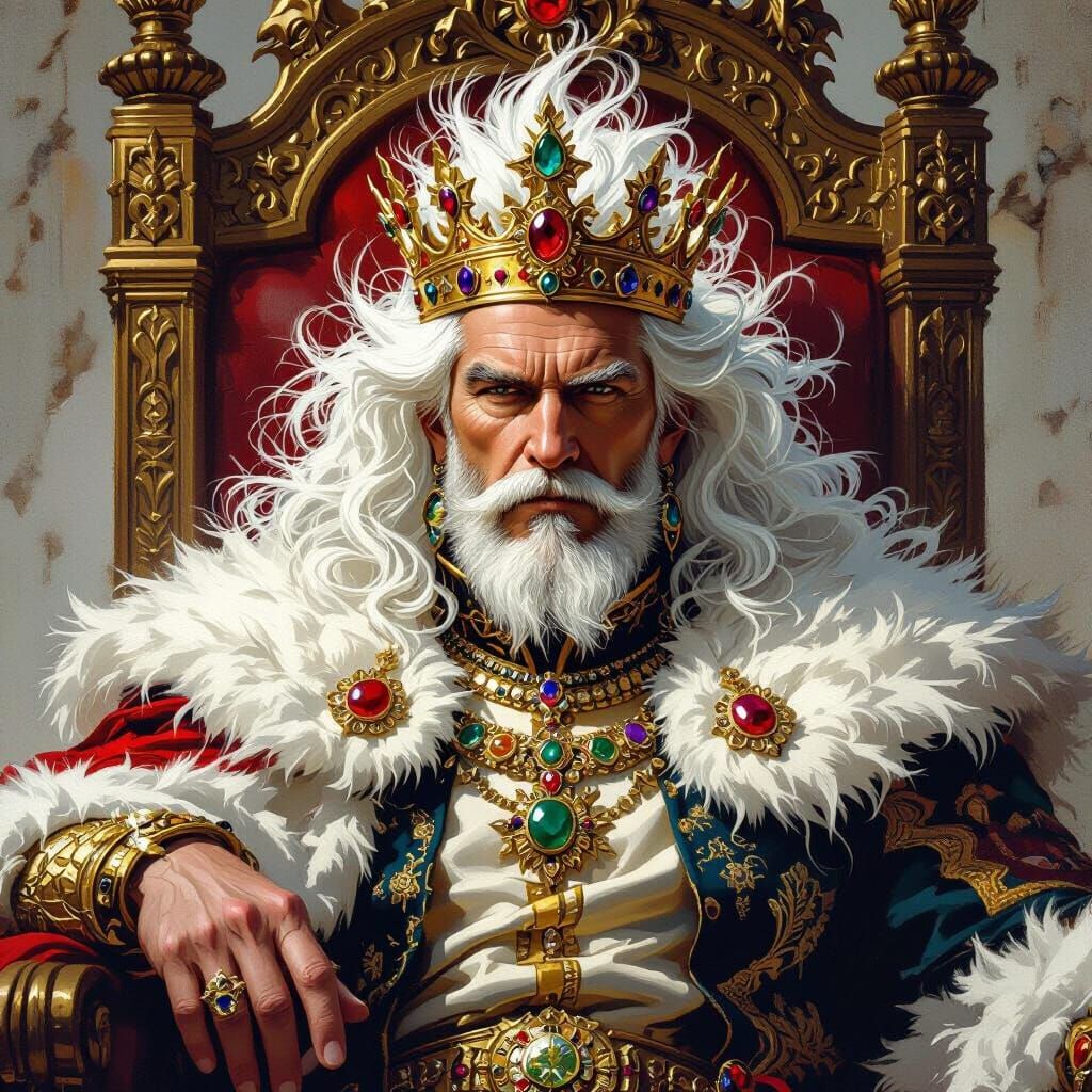 Regal King with Extravagant Hair and Golden Crown