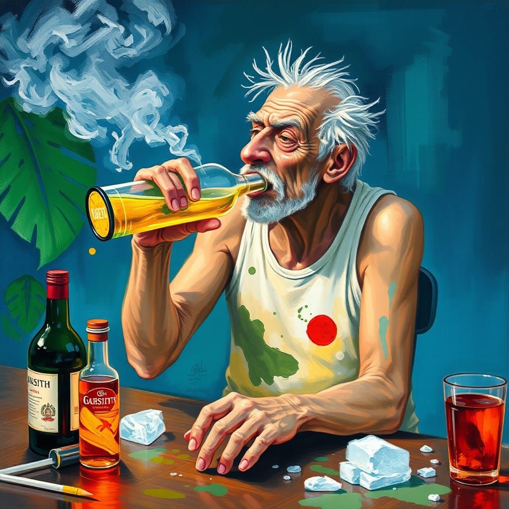 Grumpy Old Man Drinking Absinthe: Naive Watercolor