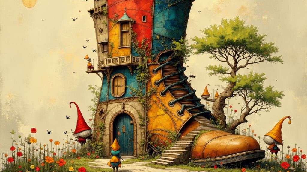Whimsical Gnome Home Inside a Leather Boot